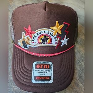 NWT OTTO Brown and Red Trucker Hat with Embroidered Patches And Hat Chain
